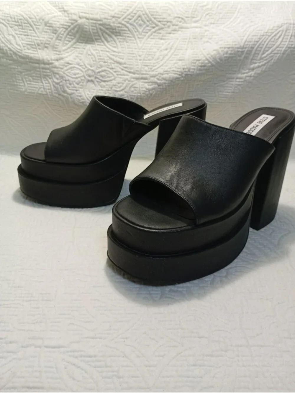 Steve Madden Womens Black Chunky Platform Open-Toe Leather Mules Size 9.5M